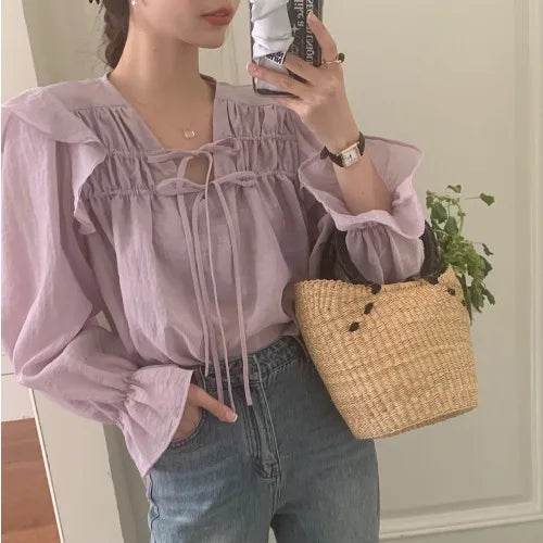 Ele Purple Long Sve irt Women's Design Sensation Lace Trim Faionable Top Spring Summer New Arrival