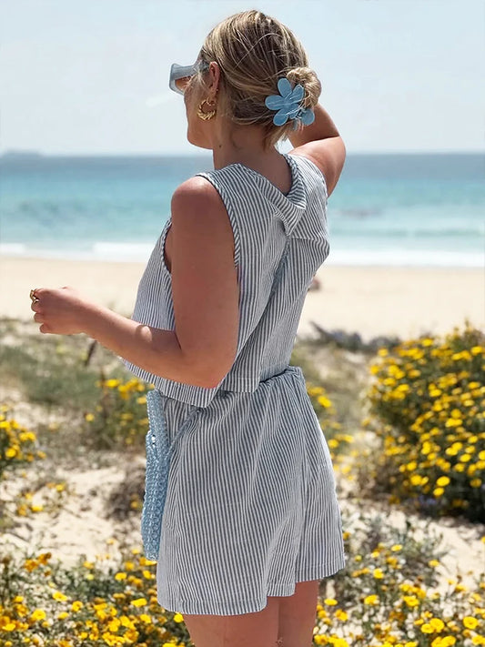 Summer Women Tank Pants Beach Style Suit Streetwear Fashion Striped Lace-up Tank Casual Slim Shorts 2 Piece Lady Sexy Partywear