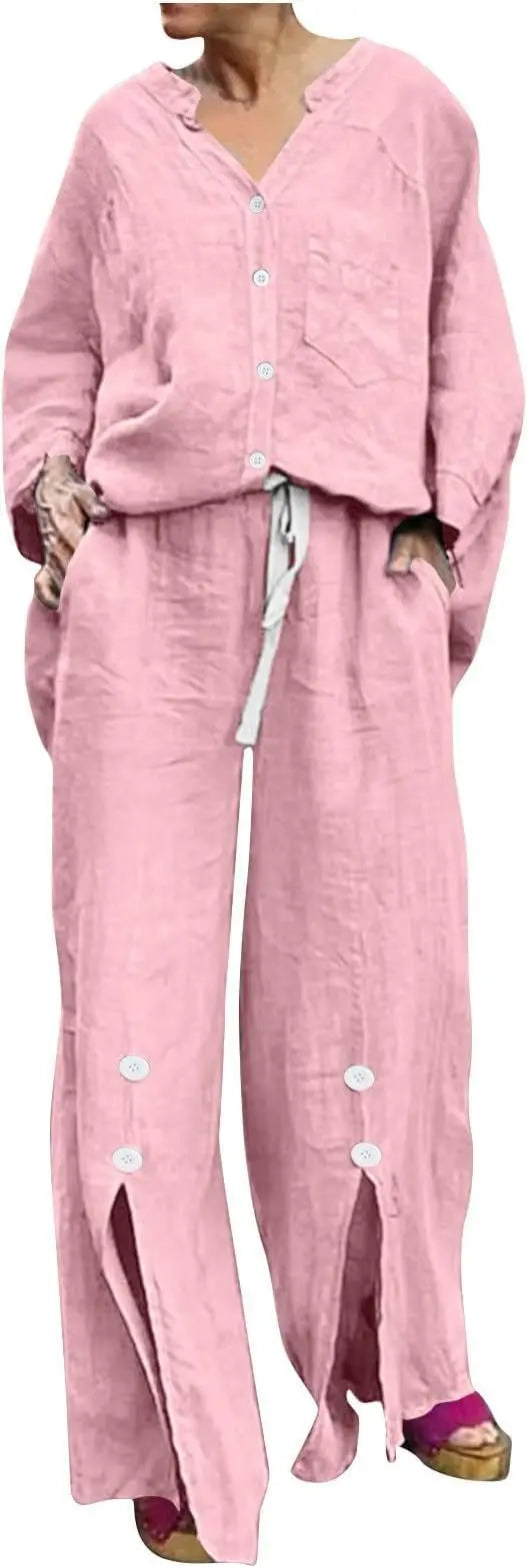 Loose Casual Cotton Linen 2 Piece Set Fashion V-neck Long Sleeve Pocket Button Shirt Elastic Waist Lace Up Split Trousers Suit