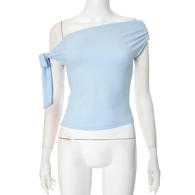 2025 Women'S Summer Ins Style New Shrink Pleated One-Shoulder Crop Top Backless Twist Tie Asymmetric T-Shirt Casual Top