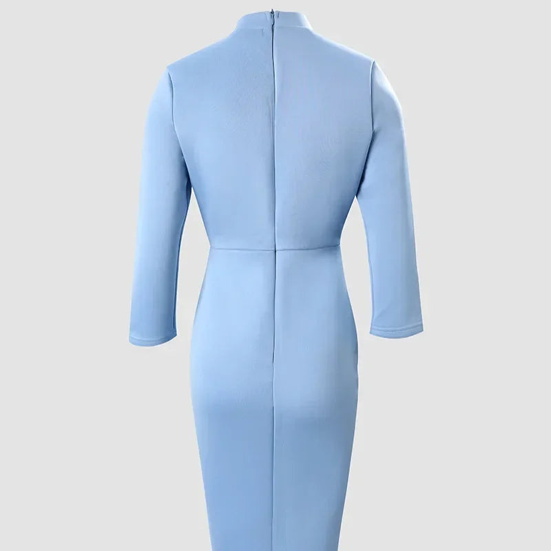 Women Bow Neck High Waist Office Slim Sheath Dress Long Sleeve Fashion Solid Color Pencil Dress