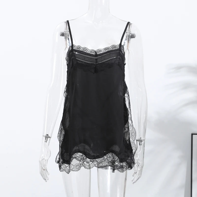 Elegant Stain Lace Tank Women Sleeveless Backless Tube Top Solid Lady Tanks 2025 Fashion Split Female Strap Outwear