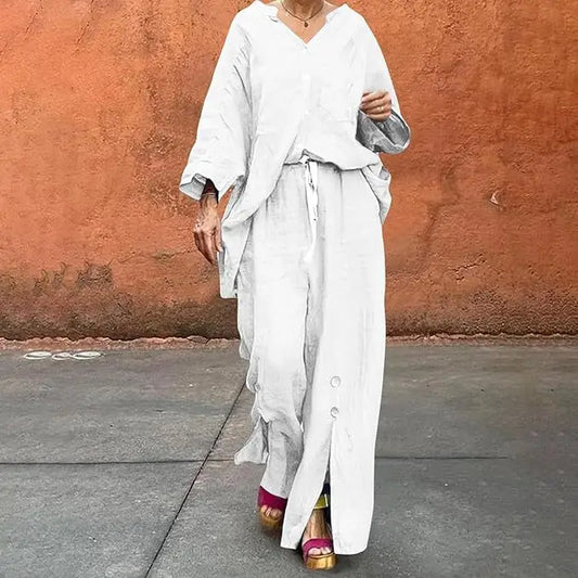 Loose Casual Cotton Linen 2 Piece Set Fashion V-neck Long Sleeve Pocket Button Shirt Elastic Waist Lace Up Split Trousers Suit