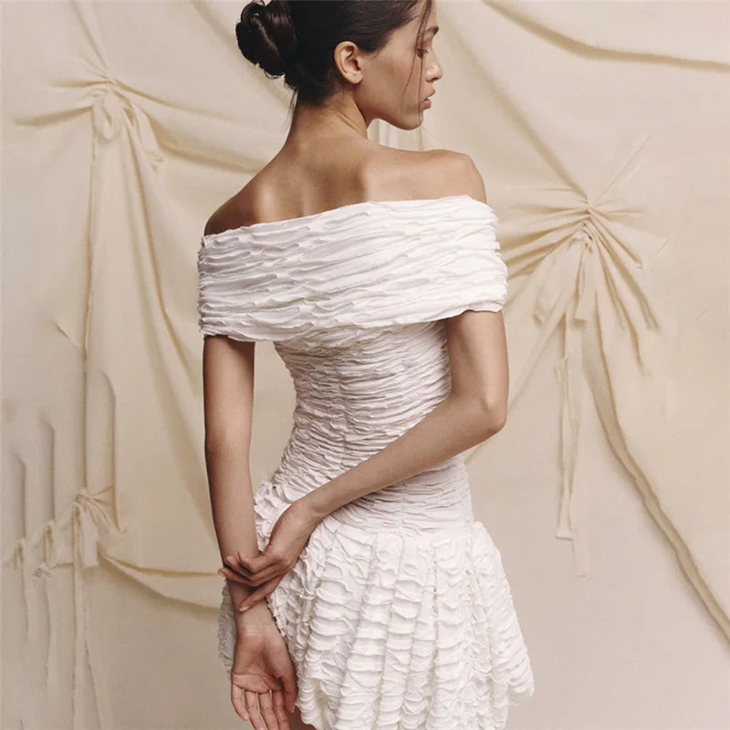 Tornova Twist Off-Shoulder Mini Dress Ruched Women Backless White Lace Up Slim High Waist Dress Female Evening Party Sexy Dress