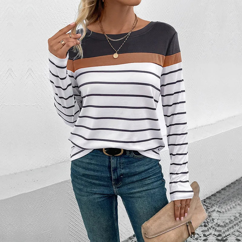 New Autumn Casual Top Pullover Splicing Crew Neck Long Sleeve Striped T-Shirt Women