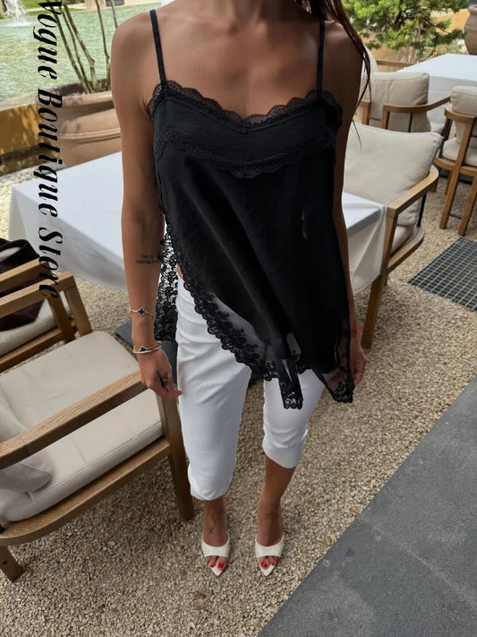 Elegant Stain Lace Tank Women Sleeveless Backless Tube Top Solid Lady Tanks 2025 Fashion Split Female Strap Outwear