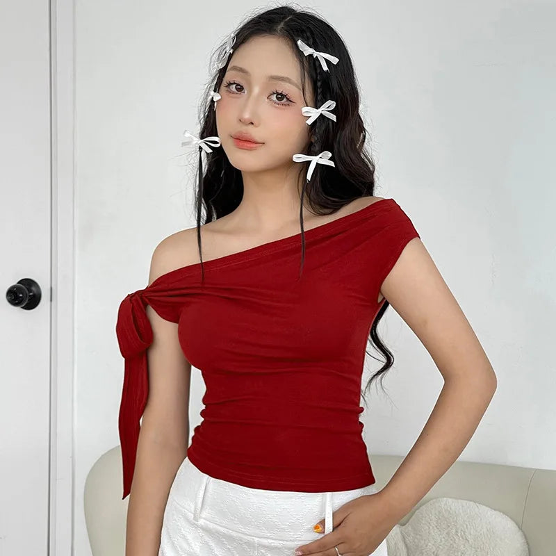 2025 Women'S Summer Ins Style New Shrink Pleated One-Shoulder Crop Top Backless Twist Tie Asymmetric T-Shirt Casual Top