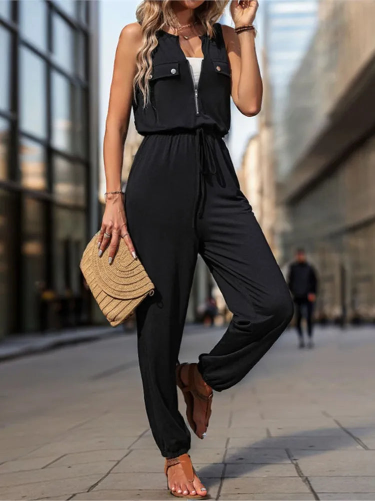 Women Jumpsuit Sleeveless Zipper V-neck High Waist Girth Pants Pockets Decorated Solid Color Street Style Women's Wear Summer