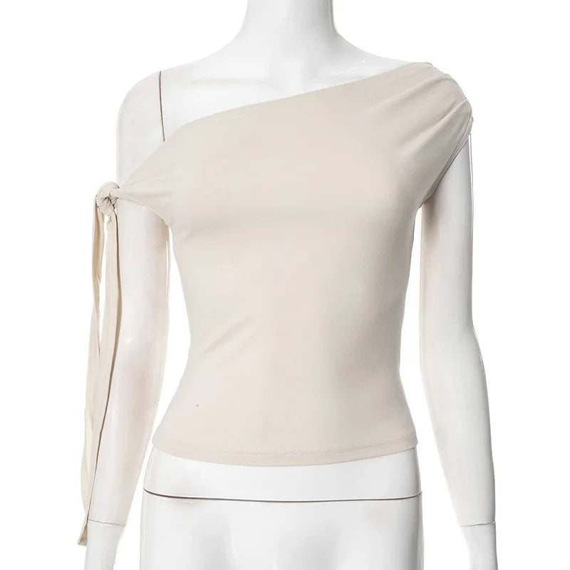 2025 Women'S Summer Ins Style New Shrink Pleated One-Shoulder Crop Top Backless Twist Tie Asymmetric T-Shirt Casual Top