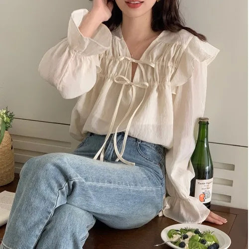 Ele Purple Long Sve irt Women's Design Sensation Lace Trim Faionable Top Spring Summer New Arrival