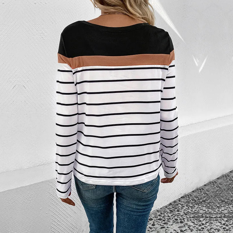 New Autumn Casual Top Pullover Splicing Crew Neck Long Sleeve Striped T-Shirt Women