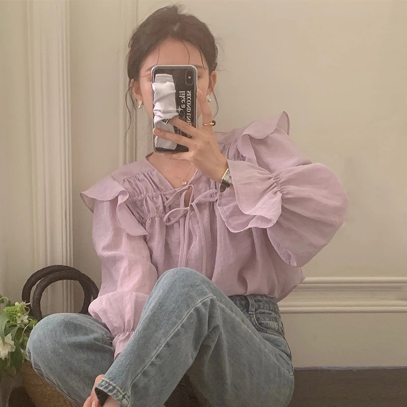 Ele Purple Long Sve irt Women's Design Sensation Lace Trim Faionable Top Spring Summer New Arrival