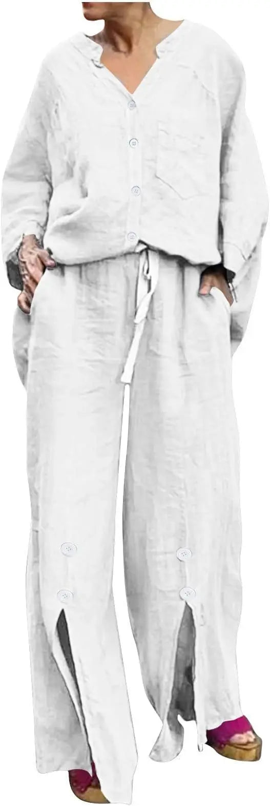Loose Casual Cotton Linen 2 Piece Set Fashion V-neck Long Sleeve Pocket Button Shirt Elastic Waist Lace Up Split Trousers Suit