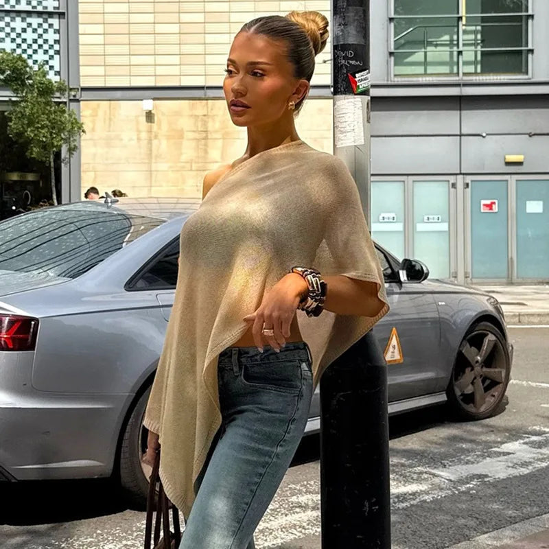 Women Sheer Knit Poncho Lightweight Shrug Pullover Shawl Top Off Shoulder Knitted Cover Up Tops Summer Holiday Beachwear