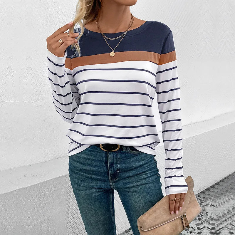 New Autumn Casual Top Pullover Splicing Crew Neck Long Sleeve Striped T-Shirt Women