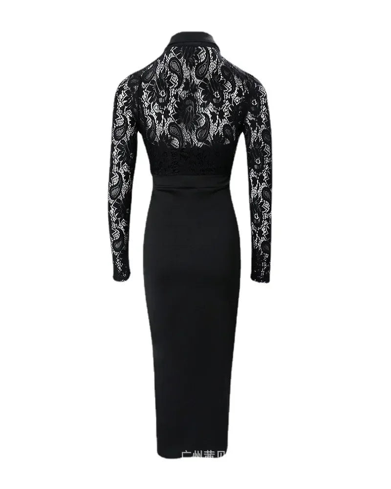 Contrast Lace Long Sleeve Cutout Bodycon Dress Women Sexy Fashion Casual Long Dress Evening Party Spring Summer