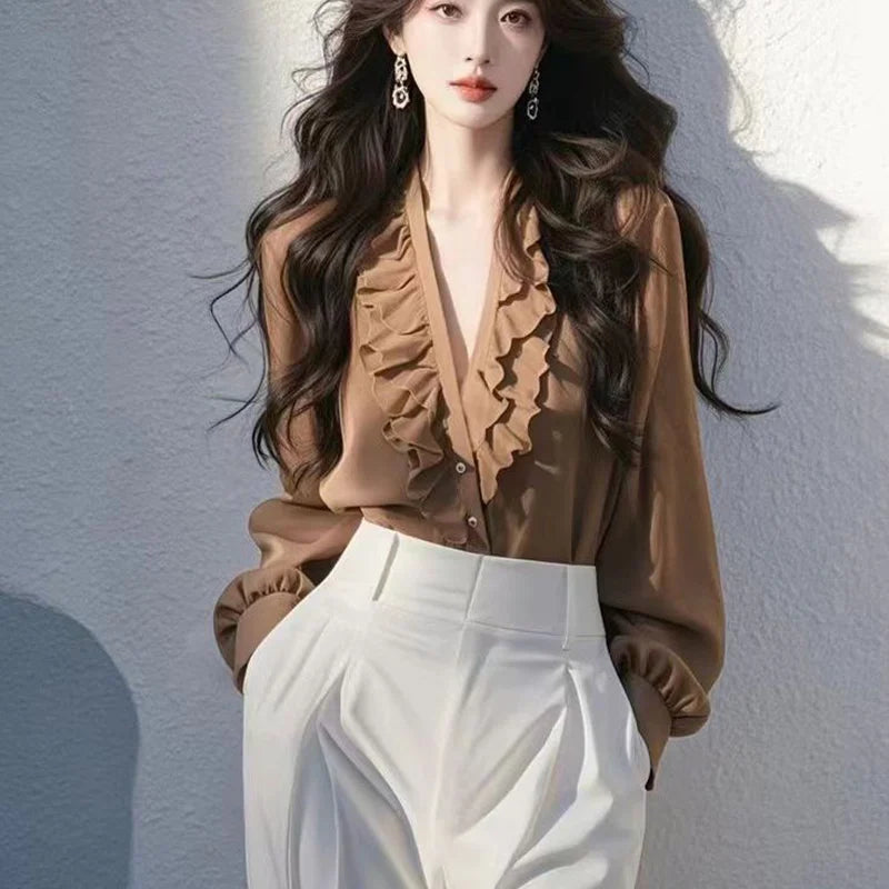 Spring Temperament Ruffles V-neck Shirts Ladies Fashion Solid Color Long Sleeve Blouse Autumn Simplicity Elegant Buttons Top Tee