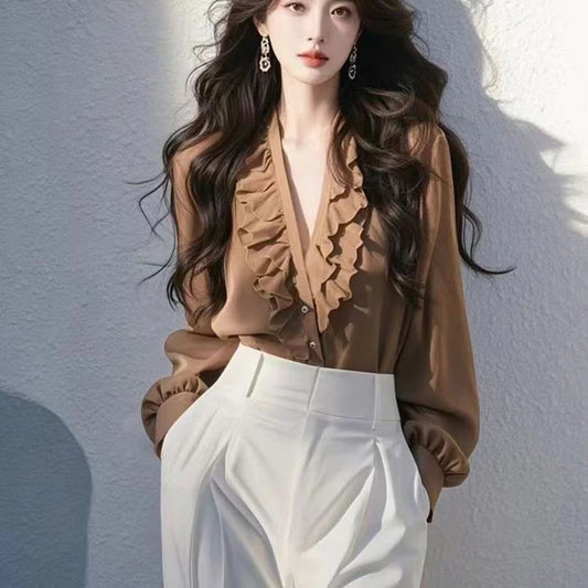 Spring Temperament Ruffles V-neck Shirts Ladies Fashion Solid Color Long Sleeve Blouse Autumn Simplicity Elegant Buttons Top Tee