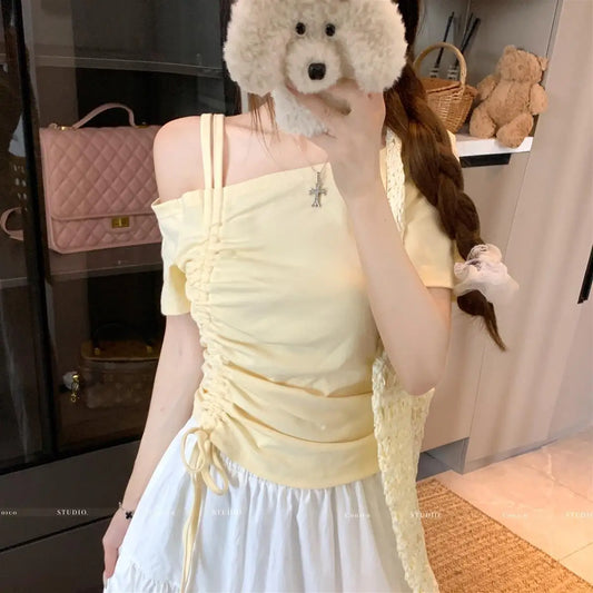 Summer Women Off-shoulder Short-sleeved T-shirt 2025 New Solid Color Pleated Top