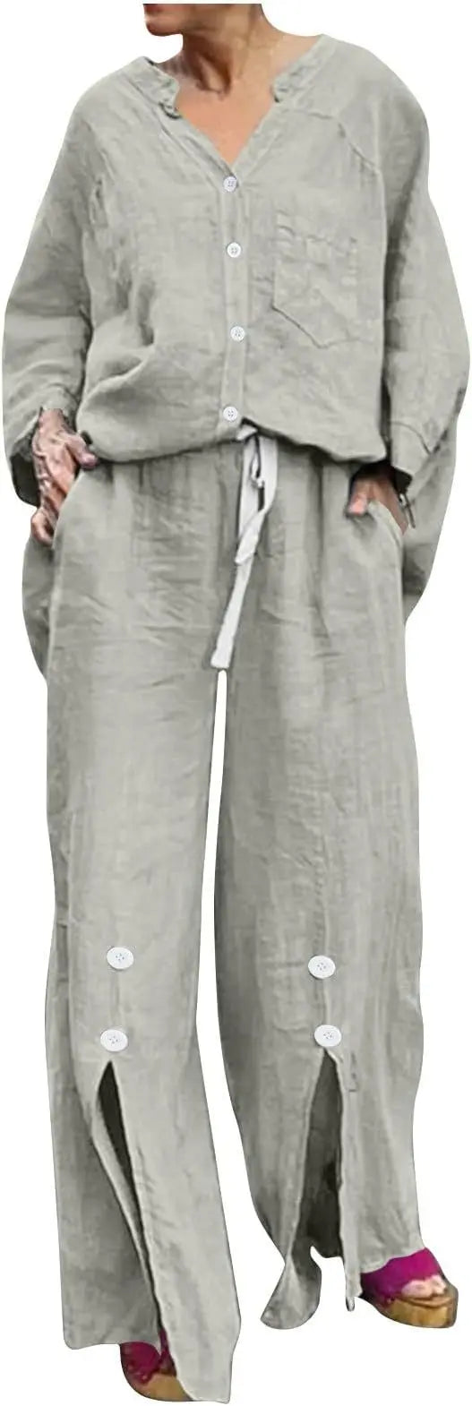 Loose Casual Cotton Linen 2 Piece Set Fashion V-neck Long Sleeve Pocket Button Shirt Elastic Waist Lace Up Split Trousers Suit