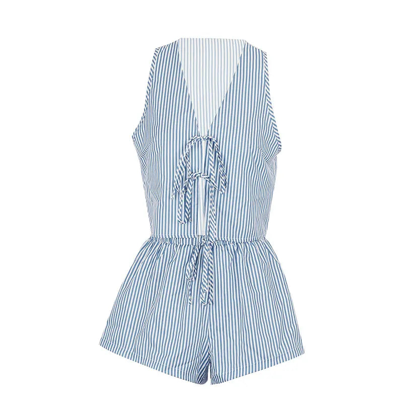 Summer Women Tank Pants Beach Style Suit Streetwear Fashion Striped Lace-up Tank Casual Slim Shorts 2 Piece Lady Sexy Partywear