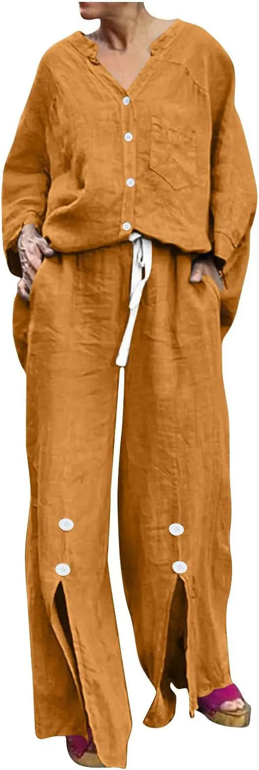 Loose Casual Cotton Linen 2 Piece Set Fashion V-neck Long Sleeve Pocket Button Shirt Elastic Waist Lace Up Split Trousers Suit