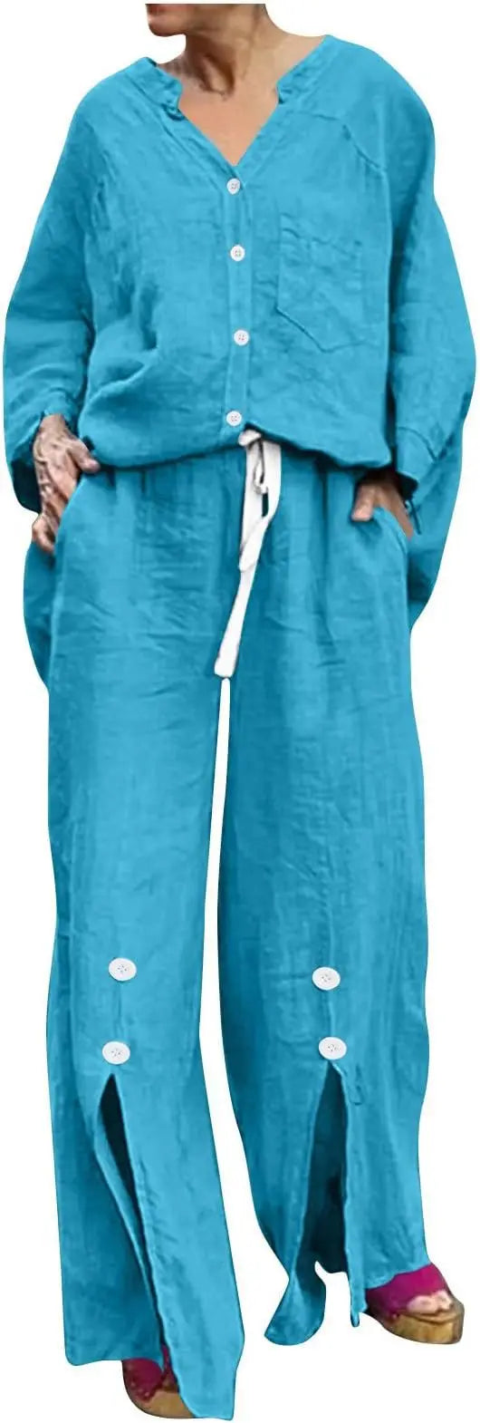 Loose Casual Cotton Linen 2 Piece Set Fashion V-neck Long Sleeve Pocket Button Shirt Elastic Waist Lace Up Split Trousers Suit