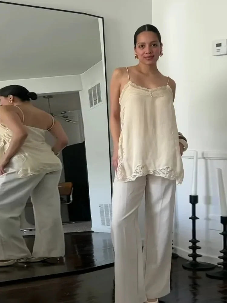 Elegant Stain Lace Tank Women Sleeveless Backless Tube Top Solid Lady Tanks 2025 Fashion Split Female Strap Outwear