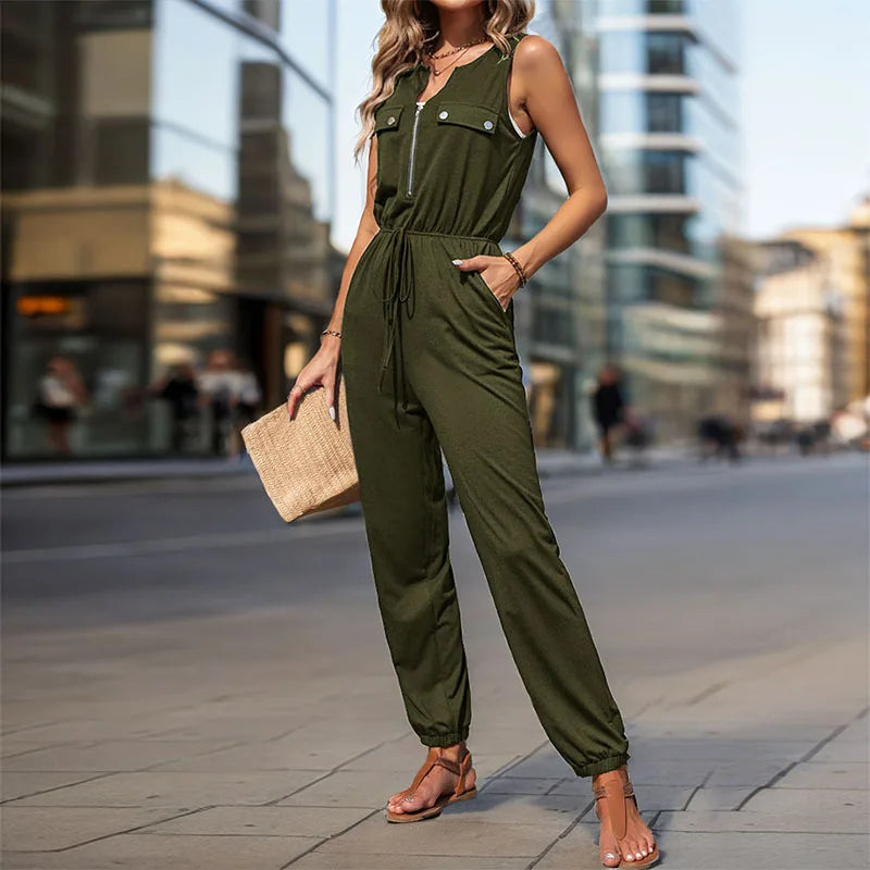 Women Jumpsuit Sleeveless Zipper V-neck High Waist Girth Pants Pockets Decorated Solid Color Street Style Women's Wear Summer