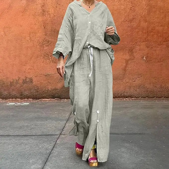 Loose Casual Cotton Linen 2 Piece Set Fashion V-neck Long Sleeve Pocket Button Shirt Elastic Waist Lace Up Split Trousers Suit