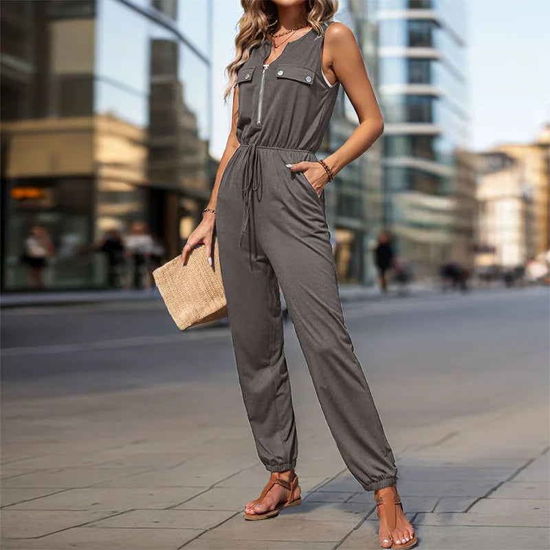 Women Jumpsuit Sleeveless Zipper V-neck High Waist Girth Pants Pockets Decorated Solid Color Street Style Women's Wear Summer