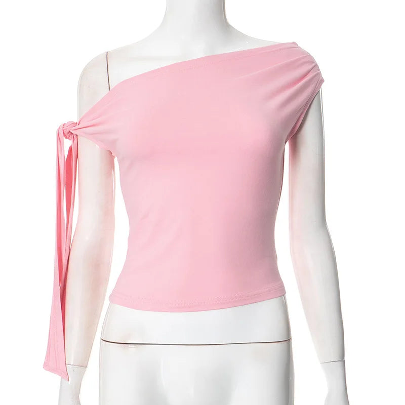 2025 Women'S Summer Ins Style New Shrink Pleated One-Shoulder Crop Top Backless Twist Tie Asymmetric T-Shirt Casual Top