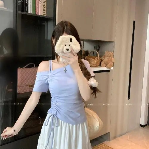 Summer Women Off-shoulder Short-sleeved T-shirt 2025 New Solid Color Pleated Top