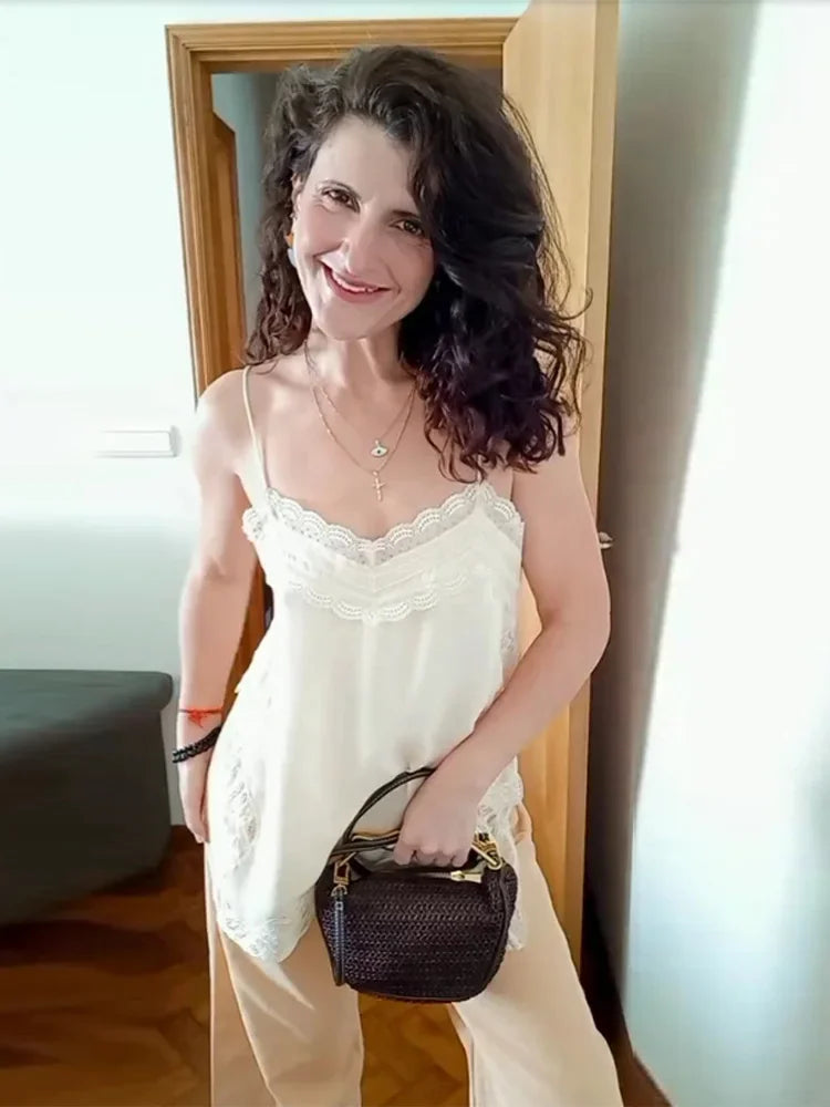 Elegant Stain Lace Tank Women Sleeveless Backless Tube Top Solid Lady Tanks 2025 Fashion Split Female Strap Outwear