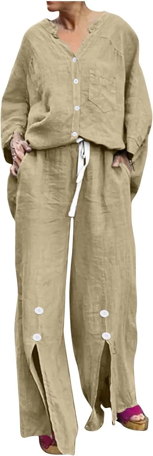 Loose Casual Cotton Linen 2 Piece Set Fashion V-neck Long Sleeve Pocket Button Shirt Elastic Waist Lace Up Split Trousers Suit