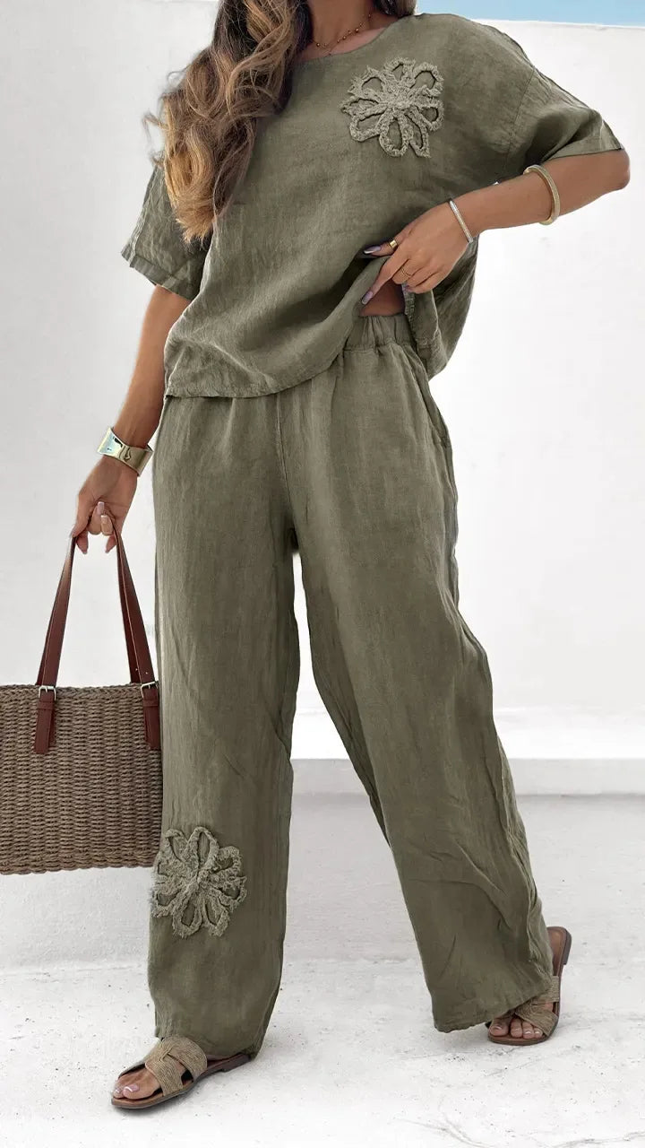 2025 Summer Fashion New Women's Embroidered Cotton and Hemp Set Commuting Leisure Elastic Waist Pants Two Piece Set