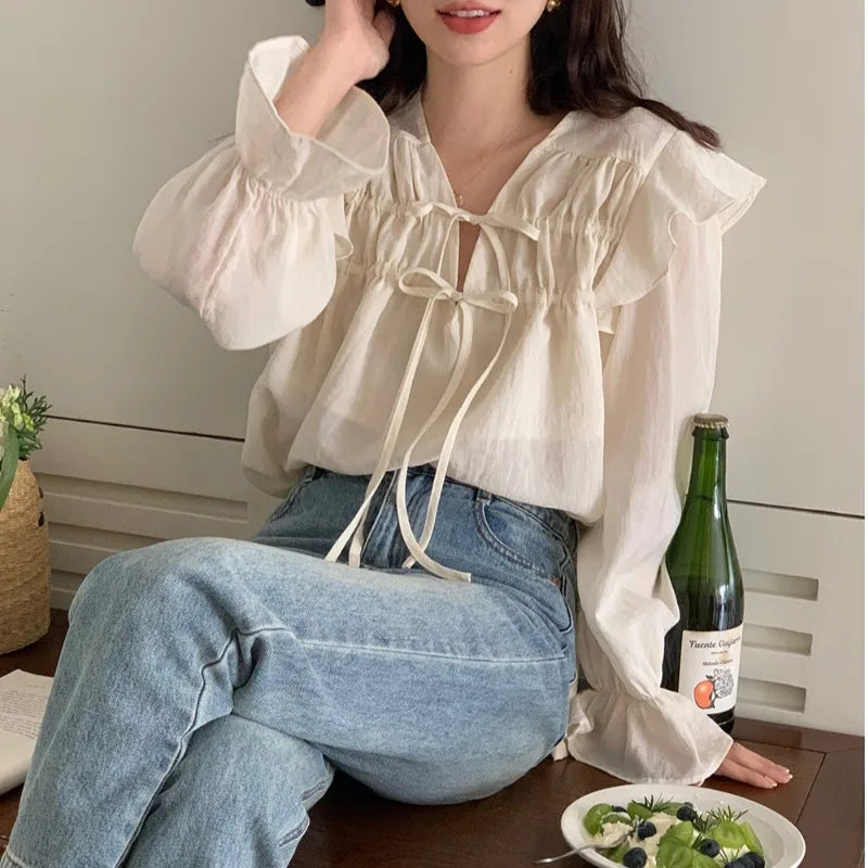 Ele Purple Long Sve irt Women's Design Sensation Lace Trim Faionable Top Spring Summer New Arrival