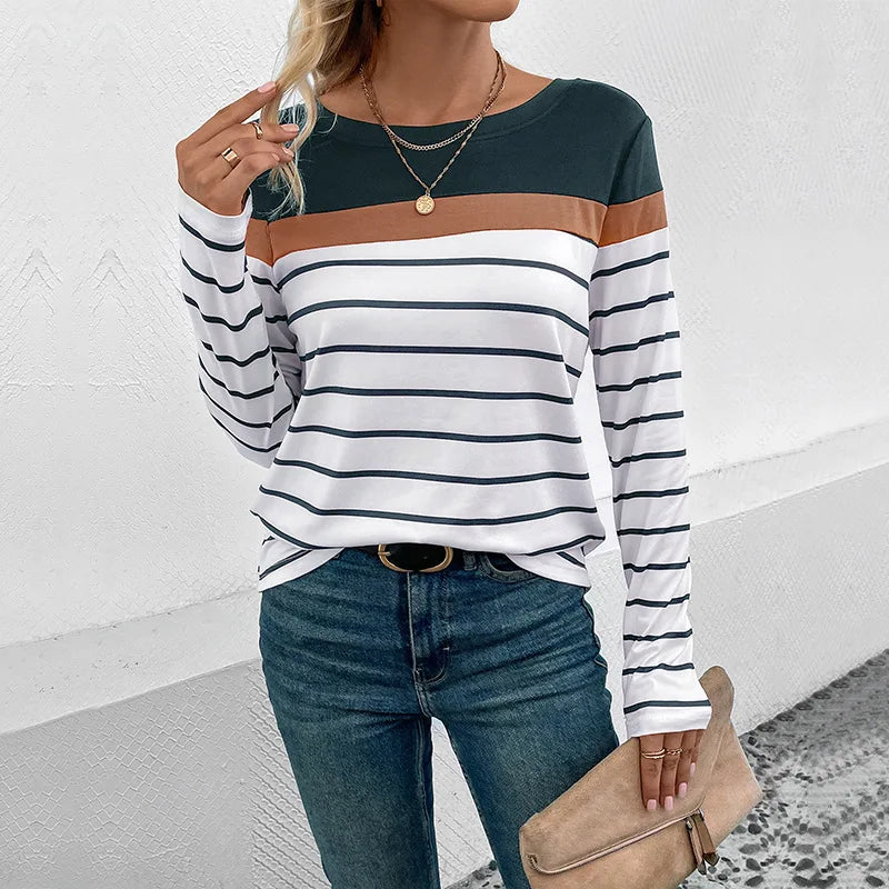 New Autumn Casual Top Pullover Splicing Crew Neck Long Sleeve Striped T-Shirt Women
