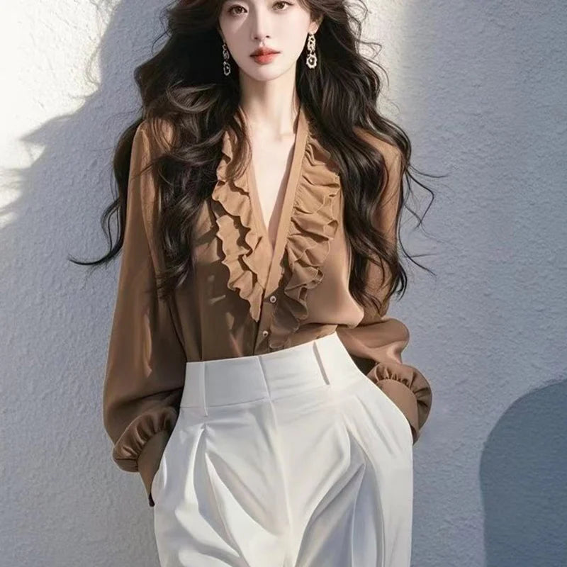 Spring Temperament Ruffles V-neck Shirts Ladies Fashion Solid Color Long Sleeve Blouse Autumn Simplicity Elegant Buttons Top Tee