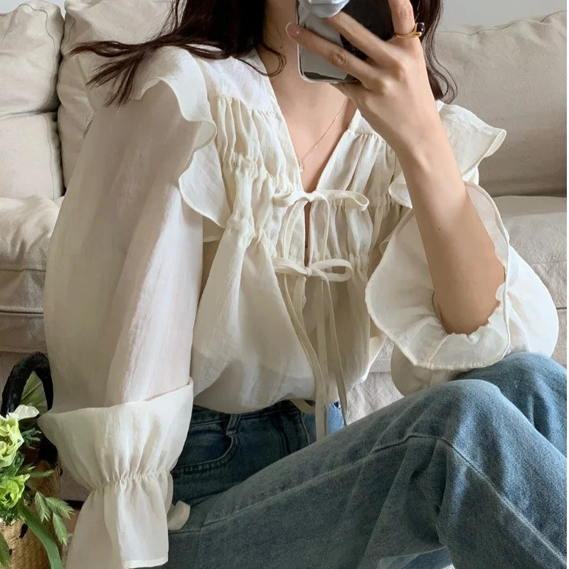 Ele Purple Long Sve irt Women's Design Sensation Lace Trim Faionable Top Spring Summer New Arrival