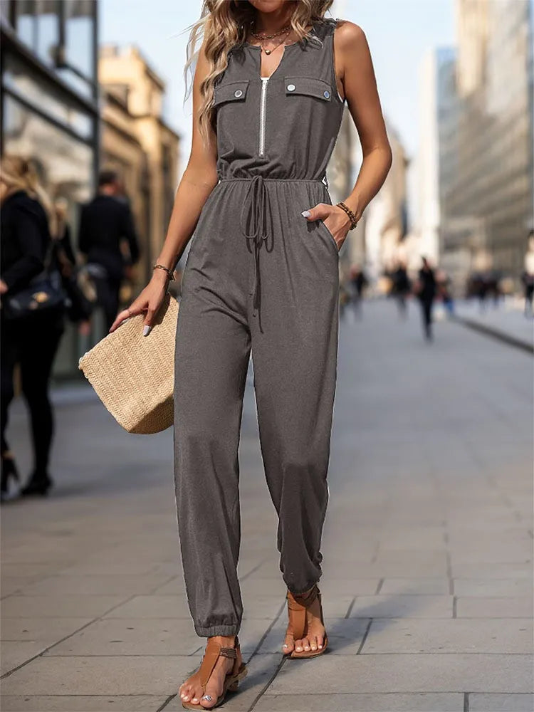 Women Jumpsuit Sleeveless Zipper V-neck High Waist Girth Pants Pockets Decorated Solid Color Street Style Women's Wear Summer