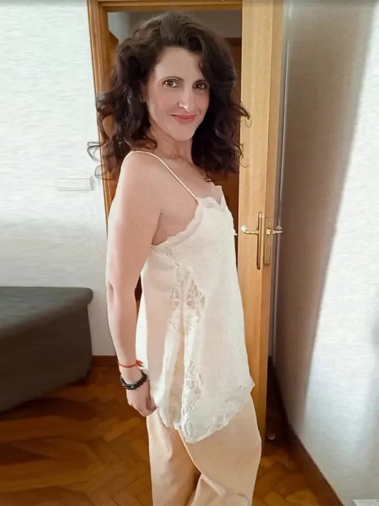 Elegant Stain Lace Tank Women Sleeveless Backless Tube Top Solid Lady Tanks 2025 Fashion Split Female Strap Outwear