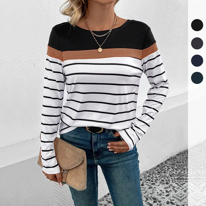 New Autumn Casual Top Pullover Splicing Crew Neck Long Sleeve Striped T-Shirt Women