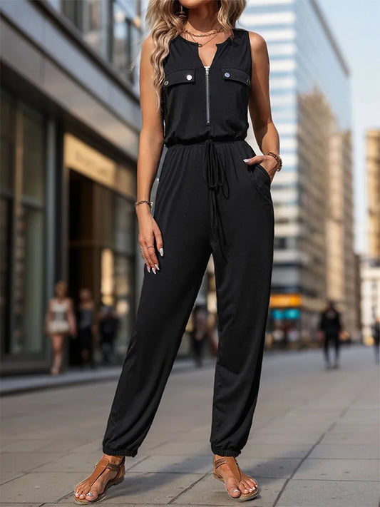Women Jumpsuit Sleeveless Zipper V-neck High Waist Girth Pants Pockets Decorated Solid Color Street Style Women's Wear Summer