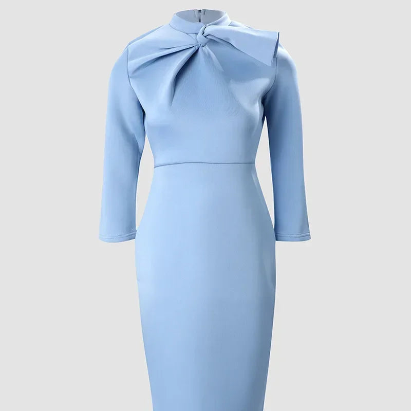 Women Bow Neck High Waist Office Slim Sheath Dress Long Sleeve Fashion Solid Color Pencil Dress