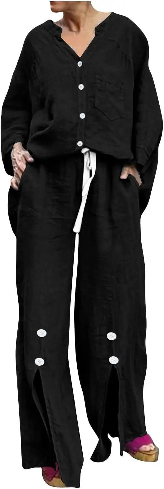 Loose Casual Cotton Linen 2 Piece Set Fashion V-neck Long Sleeve Pocket Button Shirt Elastic Waist Lace Up Split Trousers Suit