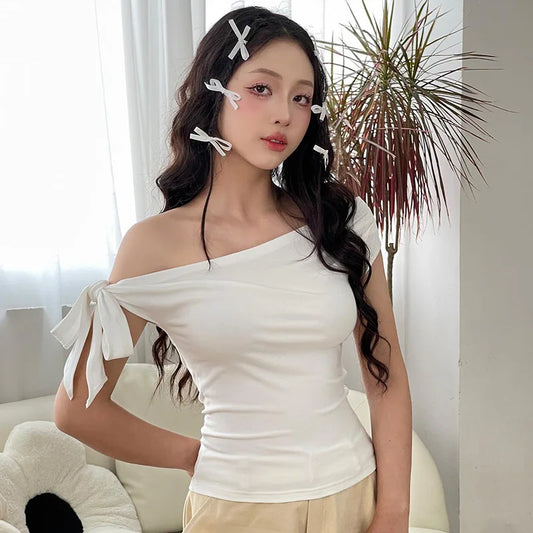 2025 Women'S Summer Ins Style New Shrink Pleated One-Shoulder Crop Top Backless Twist Tie Asymmetric T-Shirt Casual Top
