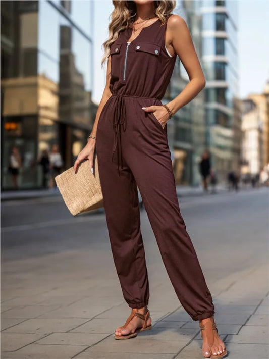 Women Jumpsuit Sleeveless Zipper V-neck High Waist Girth Pants Pockets Decorated Solid Color Street Style Women's Wear Summer
