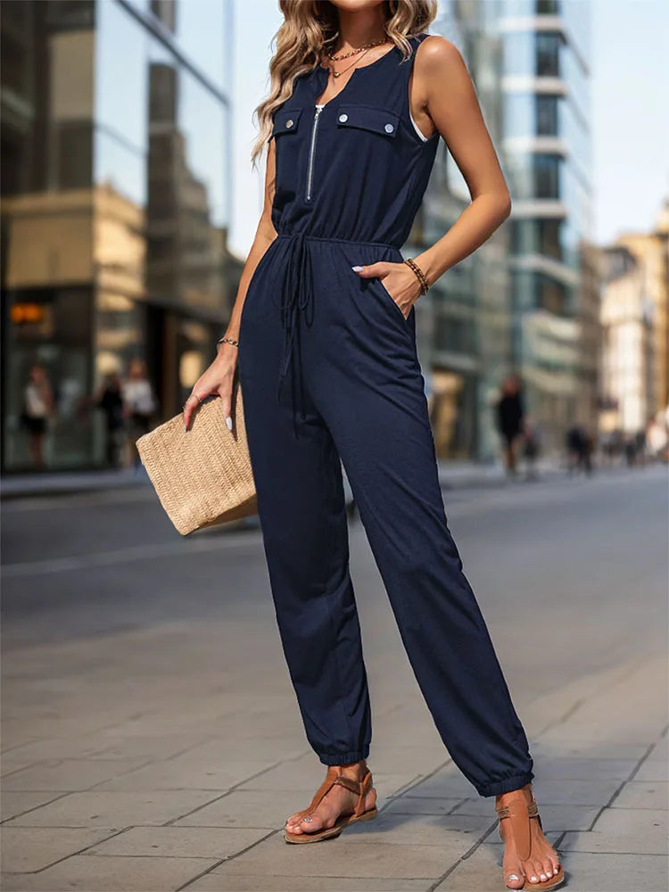 Women Jumpsuit Sleeveless Zipper V-neck High Waist Girth Pants Pockets Decorated Solid Color Street Style Women's Wear Summer