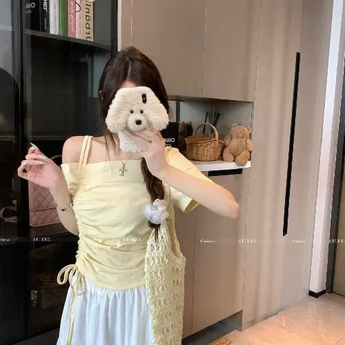 Summer Women Off-shoulder Short-sleeved T-shirt 2025 New Solid Color Pleated Top